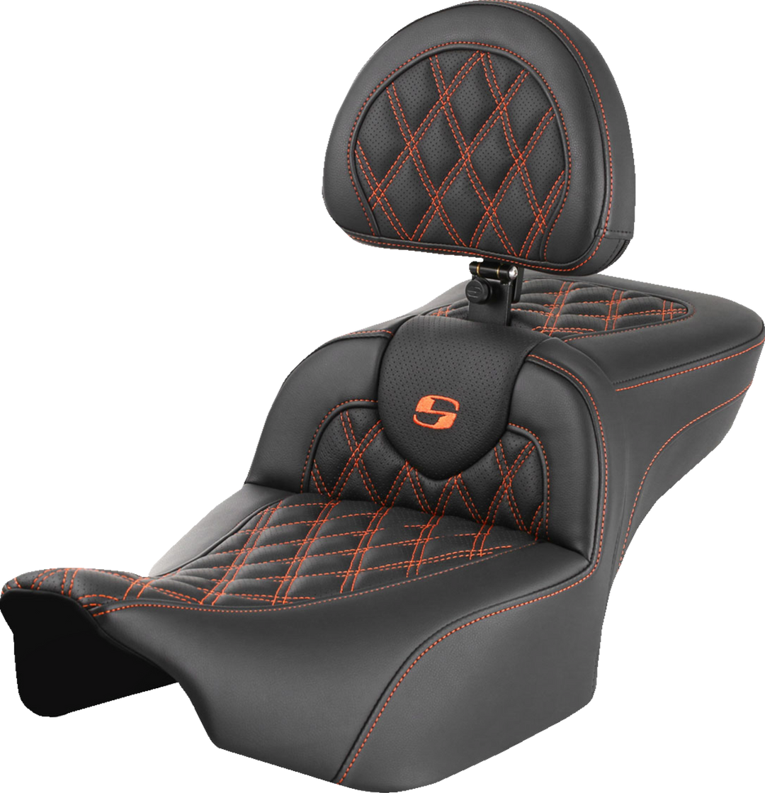 SADDLEMEN Roadsofa™ Extended Reach Seat - with Backrest - Lattice Stitch - Orange Stitch - FLTR/FLHX '23-'24 823-07-184B3