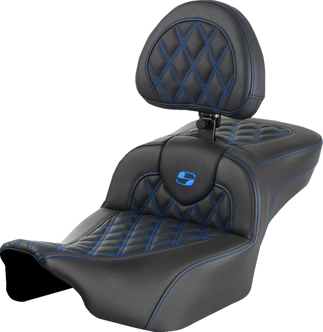 SADDLEMEN Roadsofa™ Extended Reach Seat - with Backrest - Lattice Stitch - Blue Stitch - FLTR/FLHX '23-'24 823-07-184B1