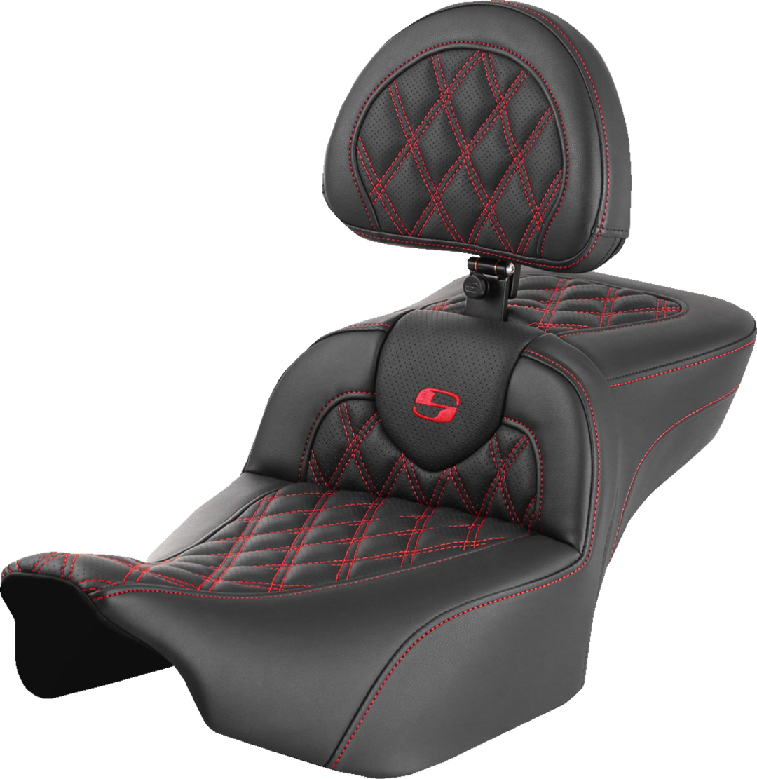 SADDLEMEN Roadsofa™ Extended Reach Seat - with Backrest - Lattice Stitch - Red Stitch - FLTR/FLHX '23-'24 823-07-184B4