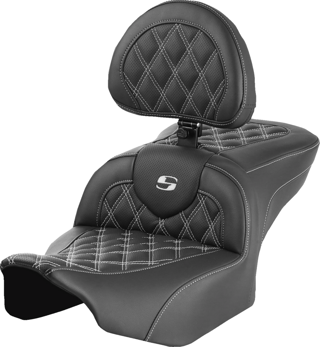 SADDLEMEN RoadSofa™ Seat - with Backrest - Lattice Stitch - White Stitch - FLTR/FLHX '23-'24 823-07-182B6