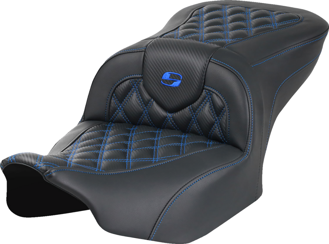 SADDLEMEN RoadSofa™ Seat - without Backrest - Carbon Fiber - Lattice Stitch - Blue Stitch - FLTR/FLHX '23-'24 823-07-20601