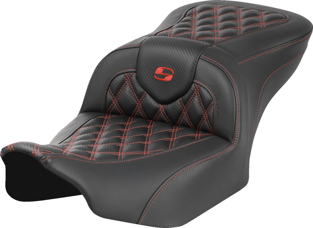 SADDLEMEN RoadSofa™ Seat - without Backrest - Carbon Fiber - Lattice Stitch - Red Stitch - FLTR/FLHX '23-'24 823-07-20604