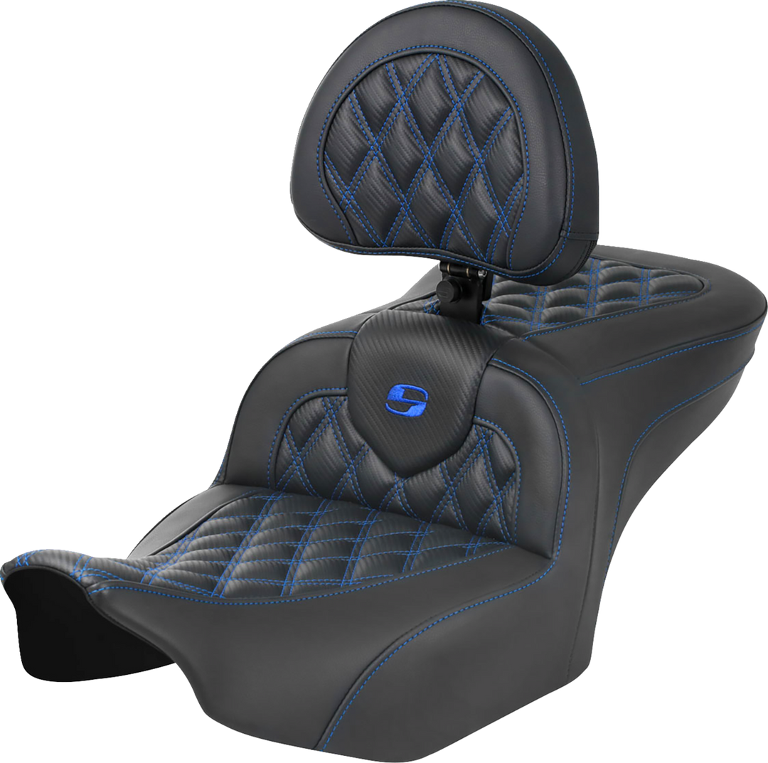 SADDLEMEN RoadSofa™ Seat - with Backrest - Carbon Fiber - Lattice Stitch - Blue Stitch - FLTR/FLHX '23-'24 823-07-206B1