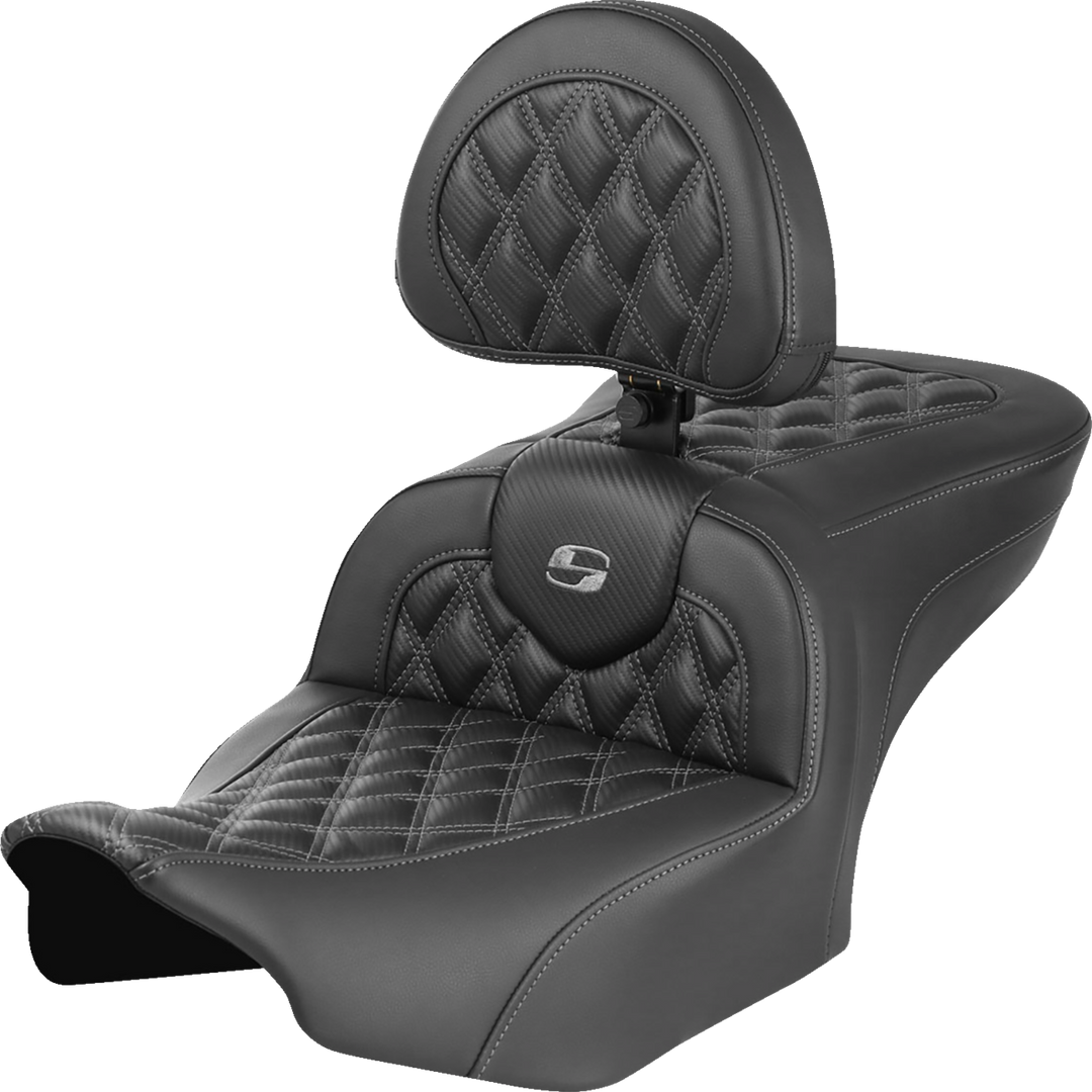 SADDLEMEN RoadSofa™ Seat - with Backrest - Carbon Fiber - Lattice Stitch - Gray Stitch - FLTR/FLHX '23-'24 823-07-206B2