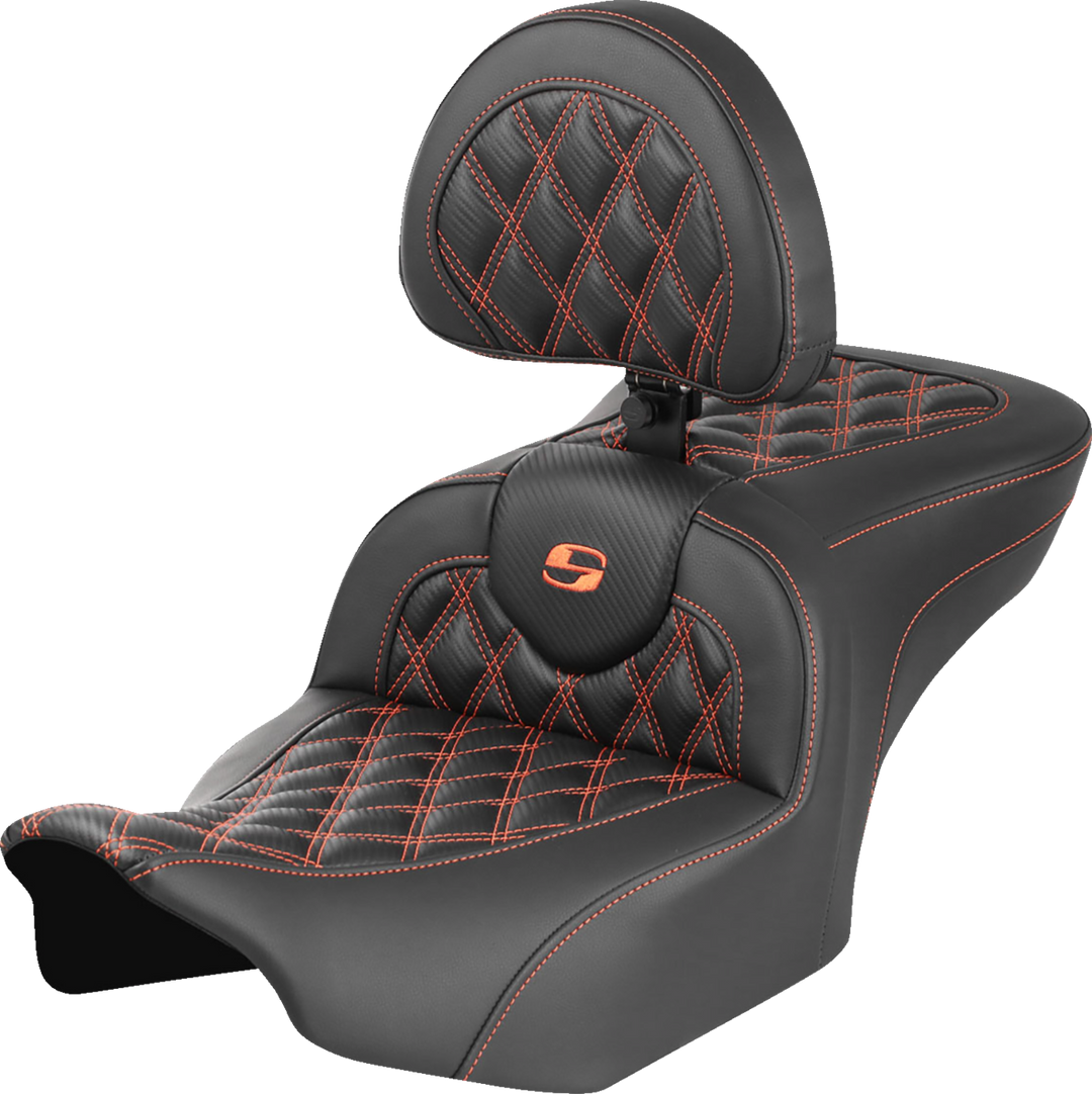 SADDLEMEN RoadSofa™ Seat - with Backrest - Carbon Fiber - Lattice Stitch - Orange Stitch - FLTR/FLHX '23-'24 823-07-206B3