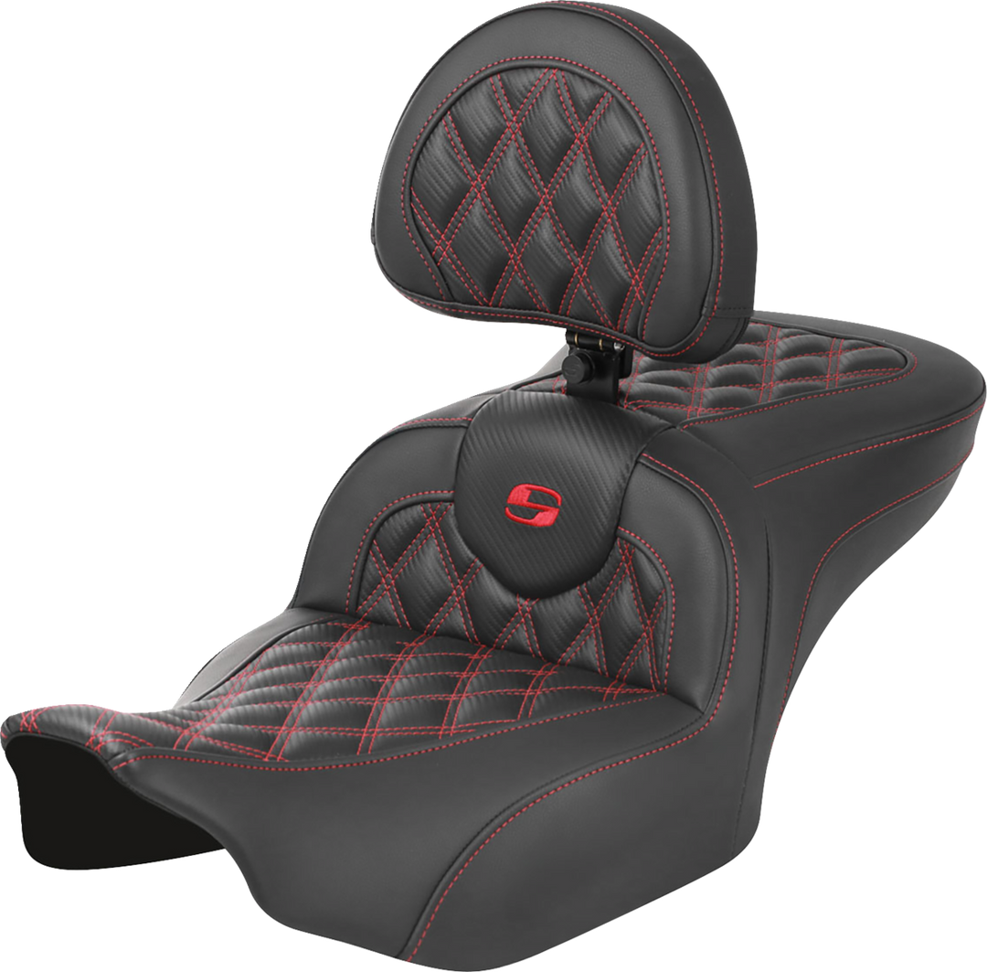 SADDLEMEN RoadSofa™ Seat - with Backrest - Carbon Fiber - Lattice Stitch - Red Stitch - FLTR/FLHX '23-'24 823-07-206B4