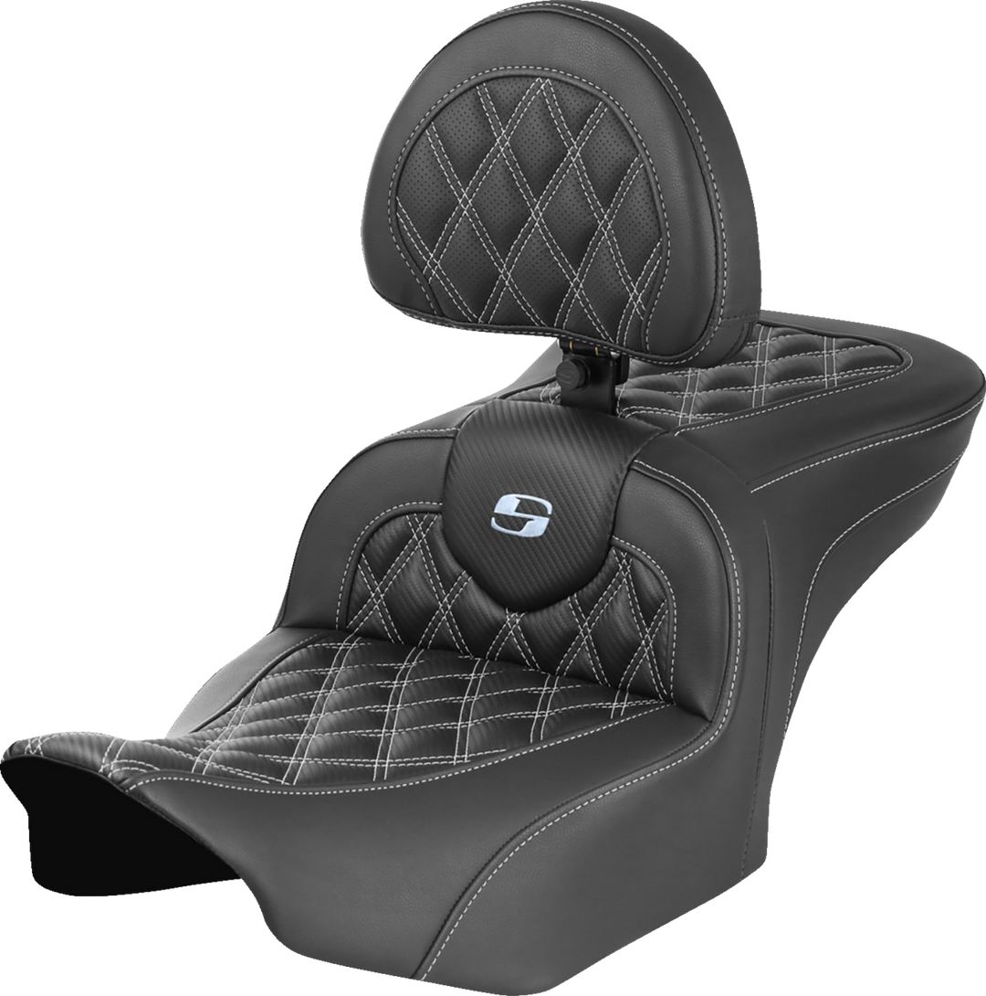 SADDLEMEN RoadSofa™ Seat - with Backrest - Carbon Fiber - Lattice Stitch - Silver Stitch - FLTR/FLHX '23-'24 823-07-206B5