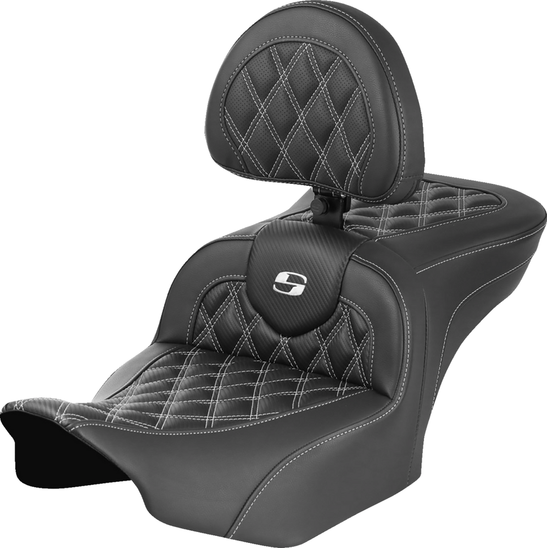 SADDLEMEN RoadSofa™ Seat - with Backrest - Carbon Fiber - Lattice Stitch - White Stitch - FLTR/FLHX '23-'24 823-07-206B6