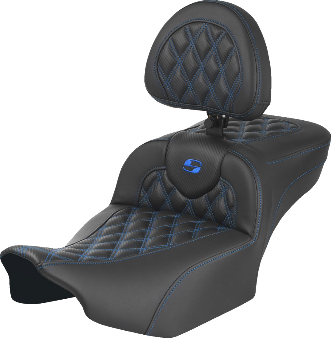 SADDLEMEN Roadsofa™ Extended Reach Seat - with Backrest - Lattice Stitch - Blue Stitch - FLTR/FLHX '23-'24 823-07-207B1