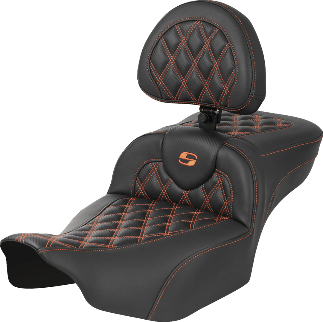 SADDLEMEN Roadsofa™ Extended Reach Seat - with Backrest - Lattice Stitch - Orange Stitch - FLTR/FLHX '23-'24 823-07-207B3