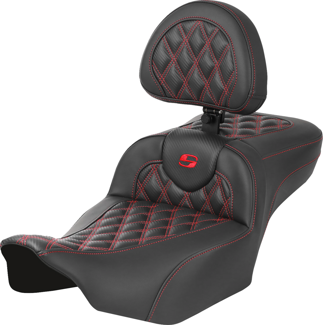 SADDLEMEN Roadsofa™ Extended Reach Seat - with Backrest - Lattice Stitch - Red Stitch - FLTR/FLHX '23-'24 823-07-207B4