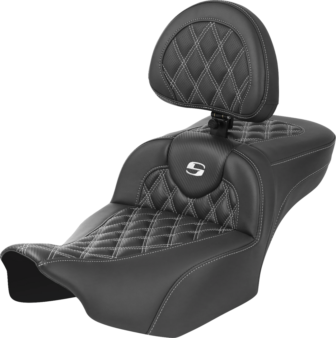 SADDLEMEN Roadsofa™ Extended Reach Seat - with Backrest - Lattice Stitch - White Stitch - FLTR/FLHX '23-'24 823-07-207B6