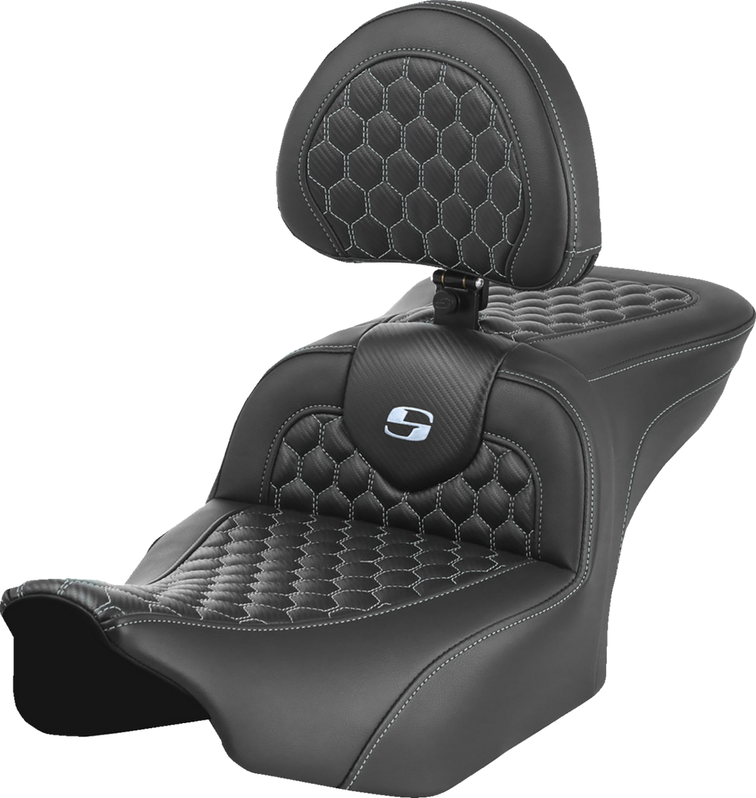 SADDLEMEN Roadsofa Seat - with Backrest - Honeycomb - Silver Stitch - FLTR/FLHX '23-'24 - 823-07-189B5