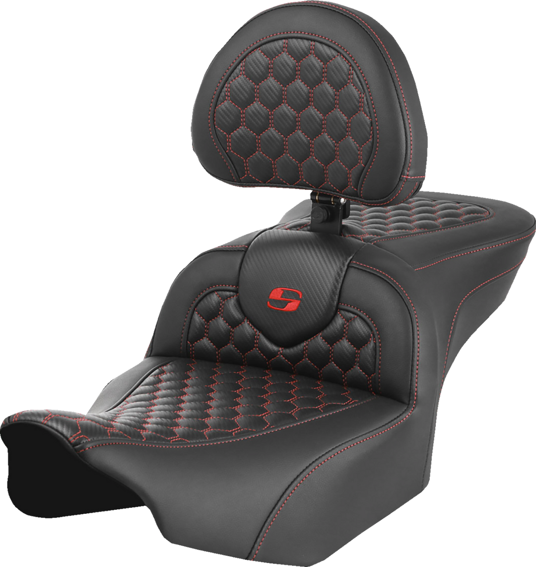 SADDLEMEN Roadsofa Seat - with Backrest - Honeycomb - Red Stitch - FLTR/FLHX '23-'24 - 823-07-189B4