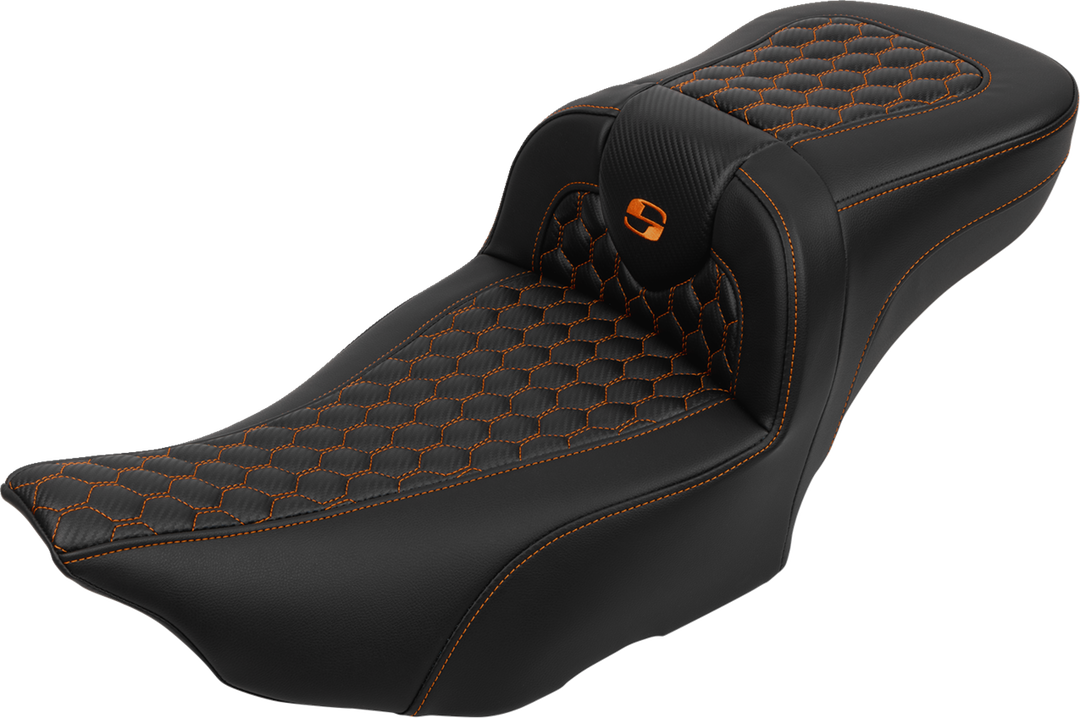SADDLEMEN Roadsofa Extended Reach Seat - with Backrest - Honeycomb - Orange Stitch - FLTR/FLHX '23-'24 - 823-07-190B3