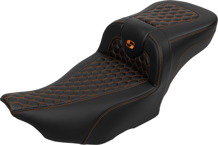 SADDLEMEN Roadsofa Extended Reach Seat - with Backrest - Honeycomb - Orange Stitch - FLTR/FLHX '23-'24 - 823-07-190B3
