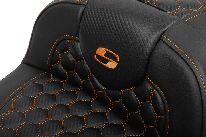 SADDLEMEN Roadsofa Extended Reach Seat - with Backrest - Honeycomb - Orange Stitch - FLTR/FLHX '23-'24 - 823-07-190B3