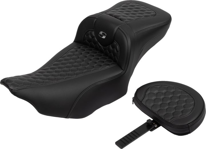 SADDLEMEN Roadsofa Extended Reach Seat - with Backrest - Honeycomb - Dark Gray Stitch - FLTR/FLHX '23-'24 - 823-07-190B2