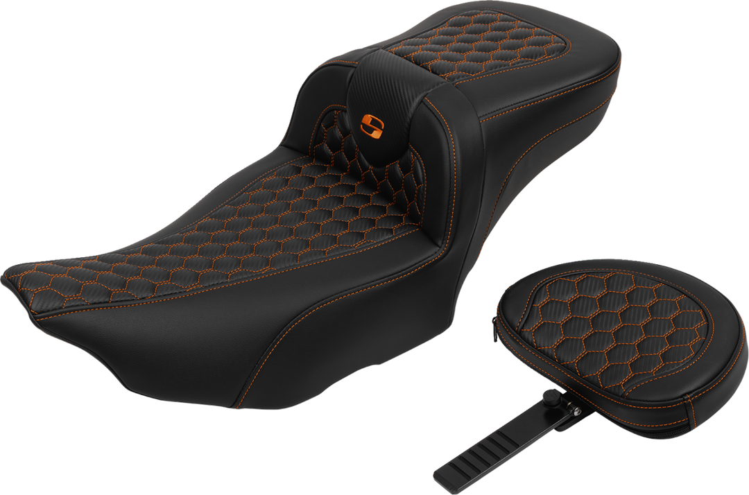 SADDLEMEN Roadsofa Extended Reach Seat - with Backrest - Honeycomb - Orange Stitch - FLTR/FLHX '23-'24 - 823-07-190B3