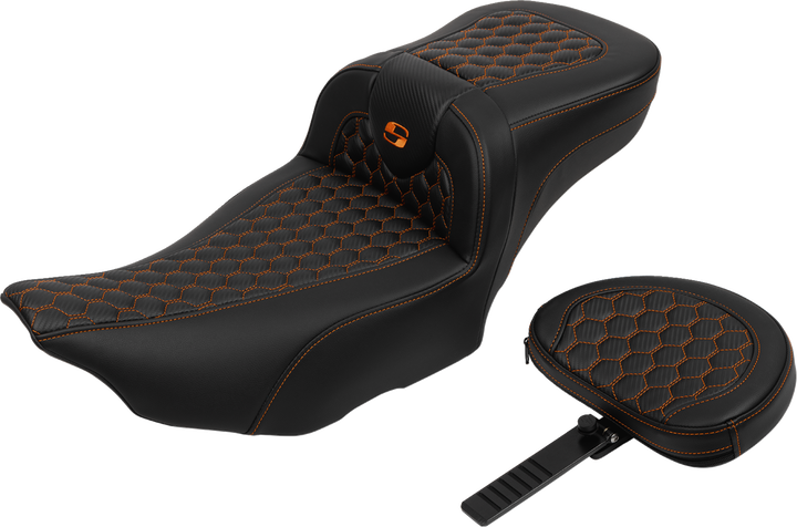 SADDLEMEN Roadsofa Extended Reach Seat - with Backrest - Honeycomb - Orange Stitch - FLTR/FLHX '23-'24 - 823-07-190B3