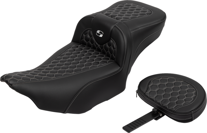 SADDLEMEN Roadsofa Extended Reach Seat - with Backrest - Honeycomb - Silver Stitch - FLTR/FLHX '23-'24 - 823-07-190B5