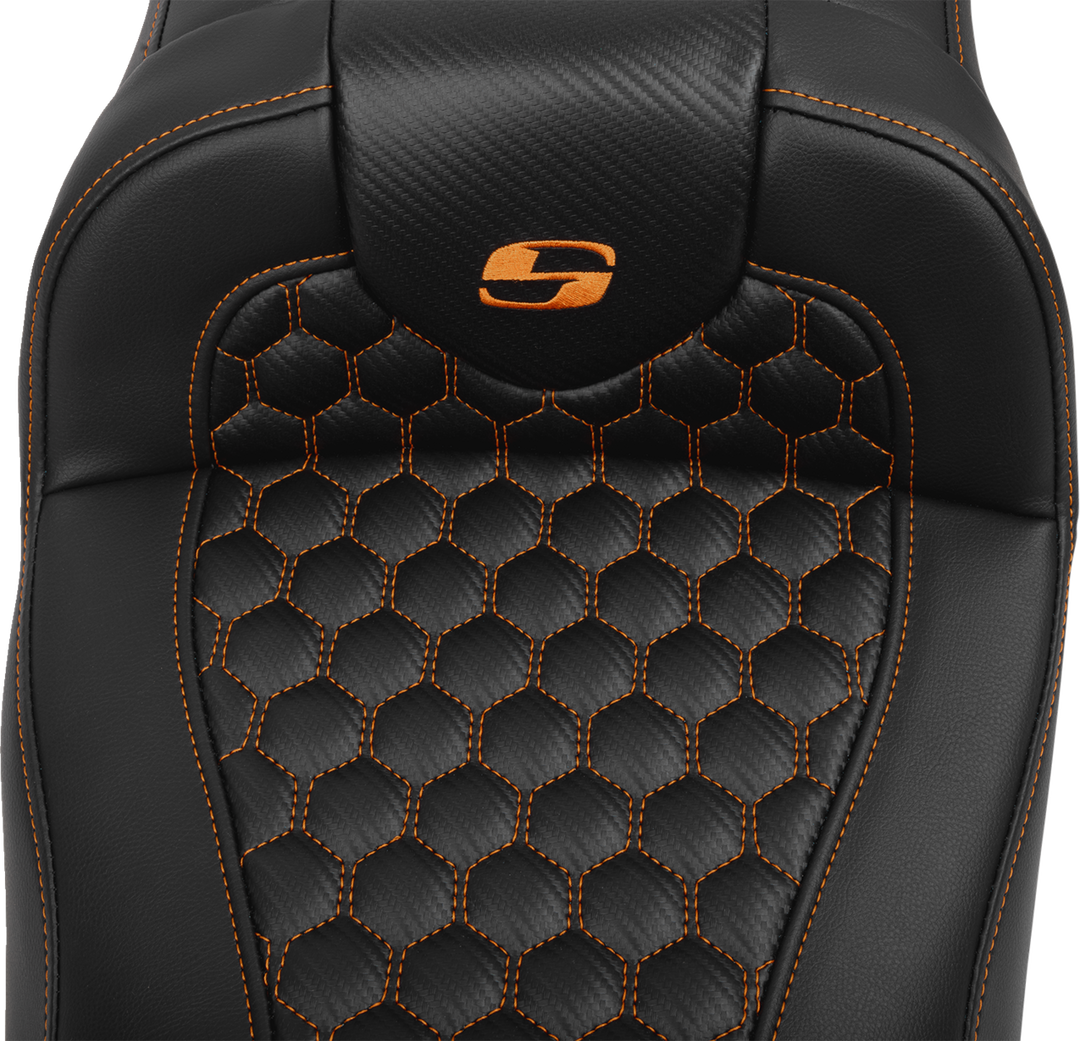 SADDLEMEN Roadsofa Extended Reach Seat - with Backrest - Honeycomb - Orange Stitch - FLTR/FLHX '23-'24 - 823-07-190B3