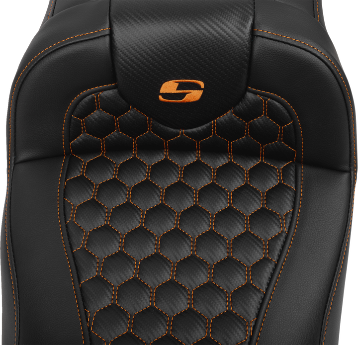 SADDLEMEN Roadsofa Extended Reach Seat - with Backrest - Honeycomb - Orange Stitch - FLTR/FLHX '23-'24 - 823-07-190B3