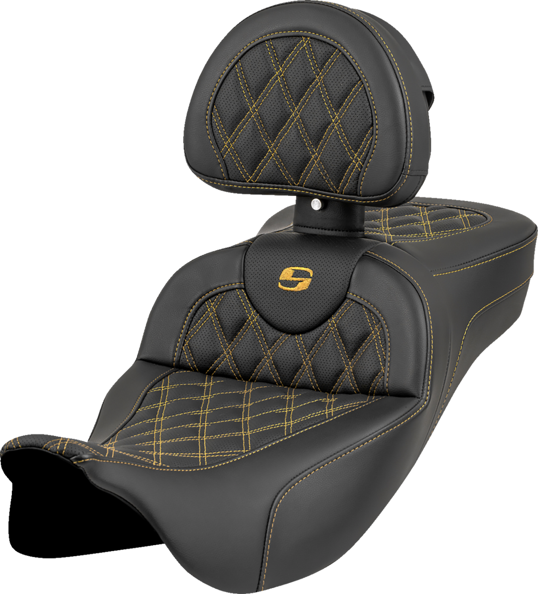 SADDLEMEN Roadsofa™ Extended Reach Seat - Lattice Stitch - Gold Stitch - with Backrest - FL '08-'23 808-07B-184B7