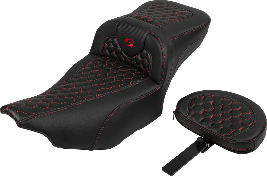 SADDLEMEN Roadsofa™ Extended Reach Seat - with Backrest - Honeycomb - Red Stitch - FLTR/FLHX '23-'24 823-07-190B4