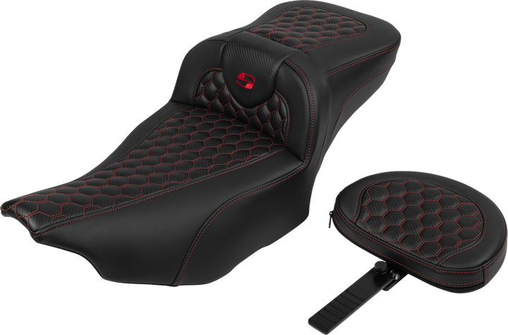 SADDLEMEN Roadsofa™ Extended Reach Seat - with Backrest - Honeycomb - Red Stitch - FLTR/FLHX '23-'24 823-07-190B4