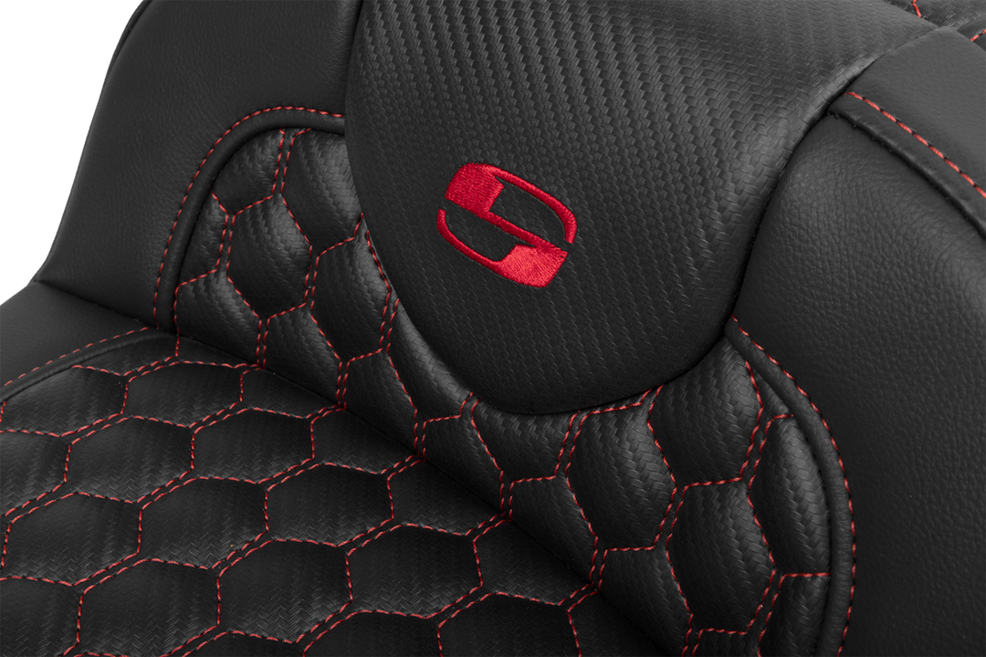 SADDLEMEN Roadsofa™ Extended Reach Seat - with Backrest - Honeycomb - Red Stitch - FLTR/FLHX '23-'24 823-07-190B4