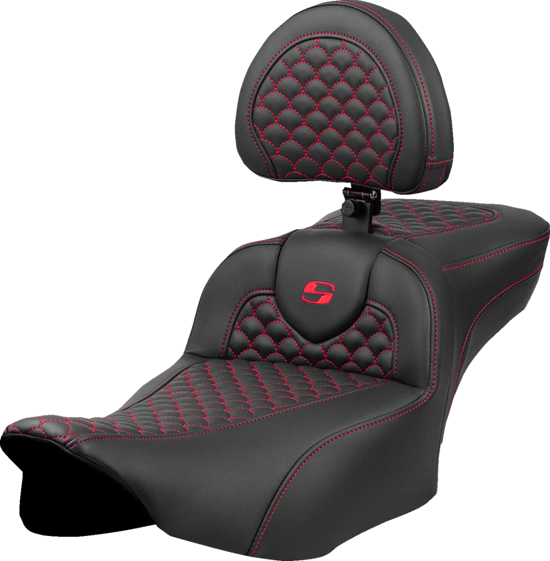 SADDLEMEN Roadsofa* Extended Reach Seat - Dragon Scale Stitch - Red Stitch - w/ Backrest - FLTR/FLHX '23-'24 823-07-209B4