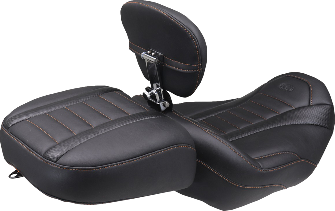 MUSTANG Deluxe Touring Solo Seat - w/ Backrest - Mandarin Orange Stitch - FLT/FLH '23-'25 89401MO