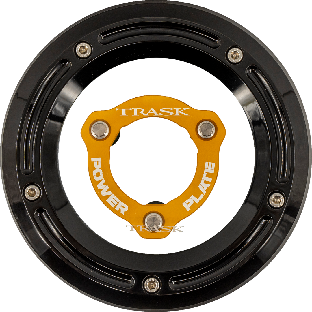 TRASK Derby Cover with Power Plate - Black/Gold - Kit - '17-'25 Harley-Davidson TM-0051-BK-GD