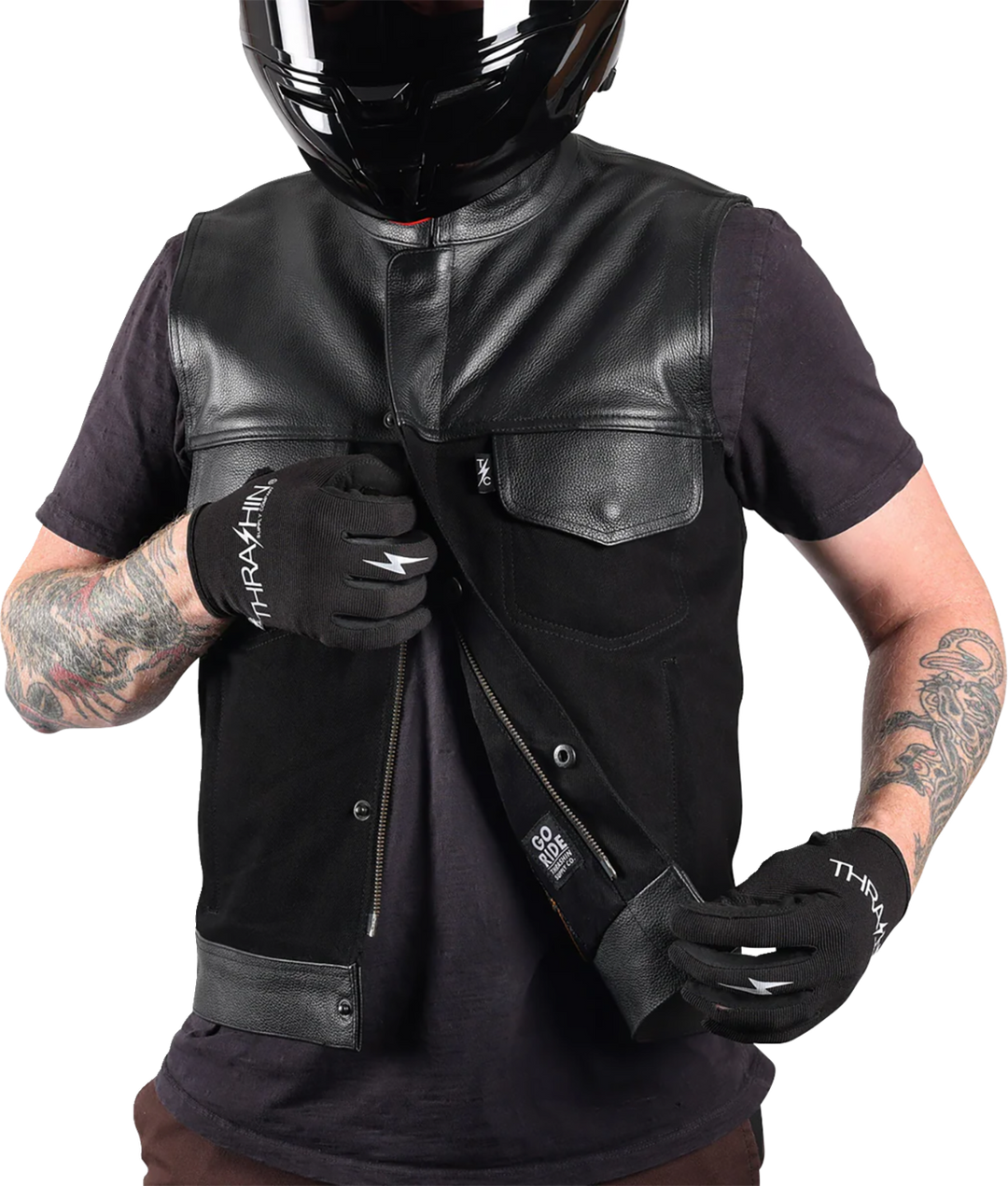 THRASHIN SUPPLY CO. Kanan Leather/Denim Riding Vest - Black - 2XL TMJ-13-12