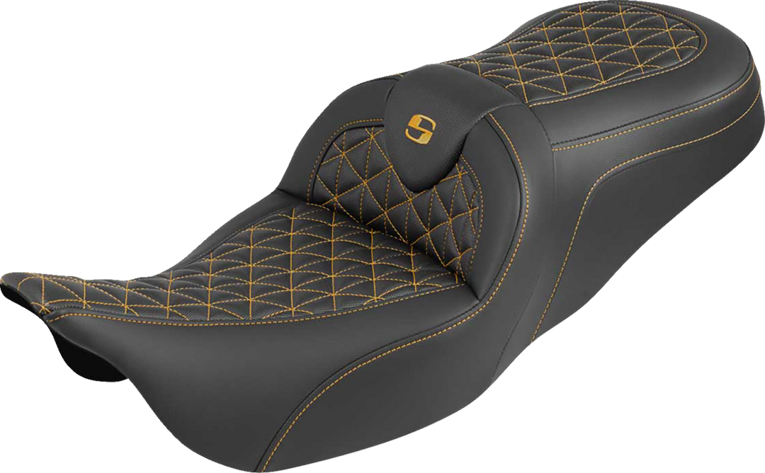 SADDLEMEN RoadSofa™ Tri Gripper Seat - Standard Reach - Gold Stitch - w/o Backrest - FLH/FLT '08-'25 808-07B-21007
