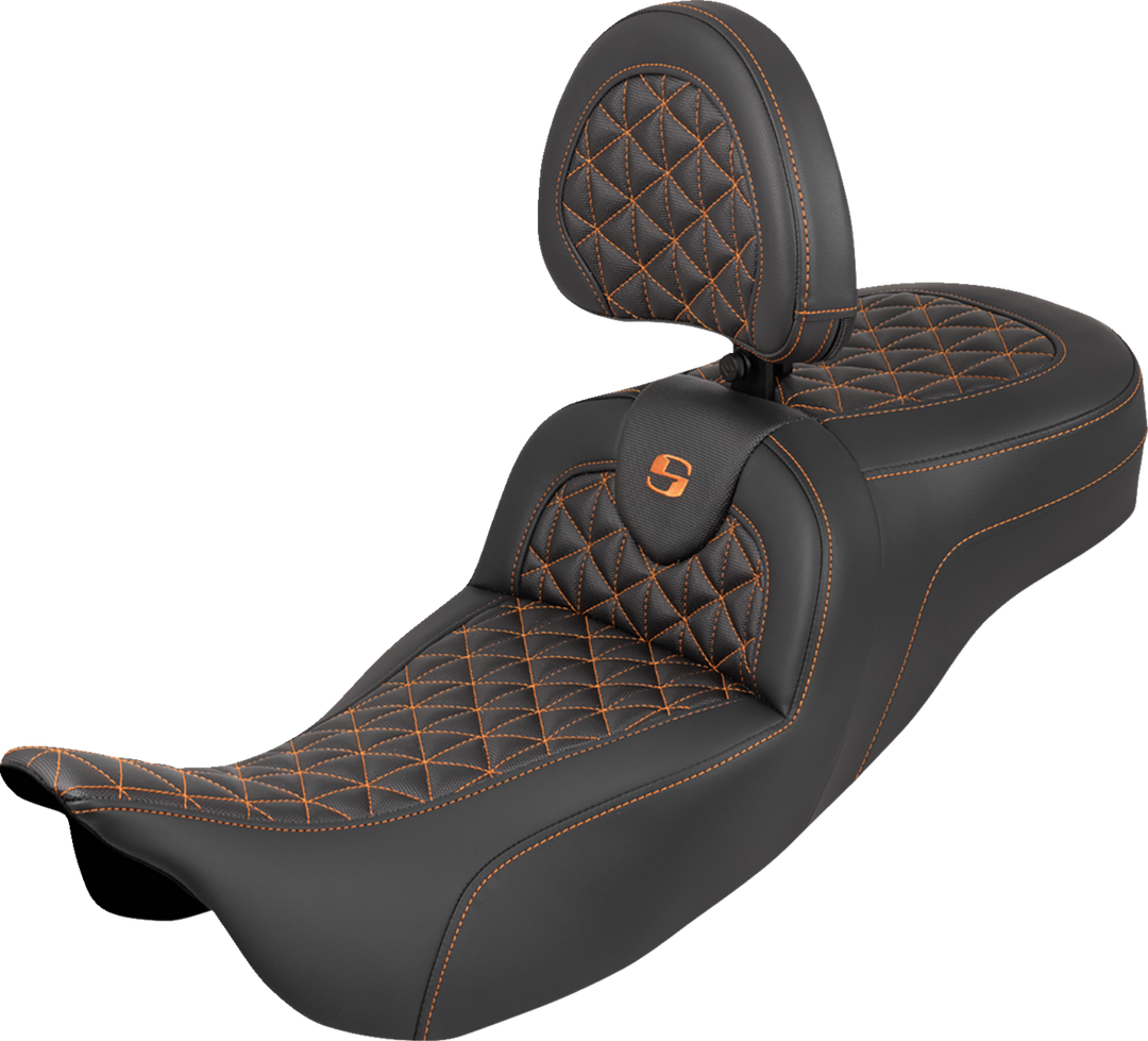 SADDLEMEN RoadSofa™ Tri Gripper Seat - Standard Reach - Orange Stitch - w/ Backrest - FLH/FLT '08-'25 808-07B-211B3