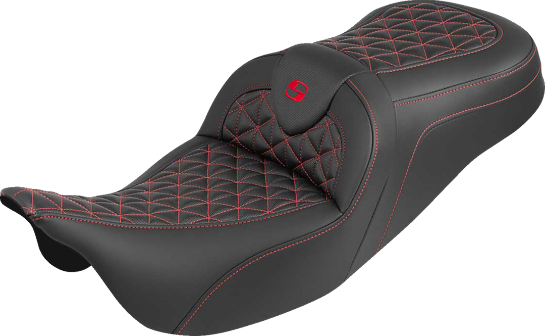 SADDLEMEN RoadSofa™ Tri Gripper Seat - Standard Reach - Red Stitch - w/o Backrest - FLH/FLT '08-'25 808-07B-21004