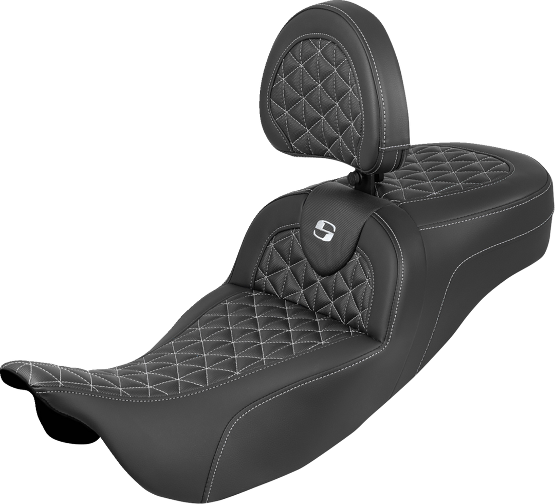SADDLEMEN RoadSofa™ Tri Gripper Seat - Standard Reach - White Stitch - w/ Backrest - FLH/FLT '08-'25 808-07B-211B6
