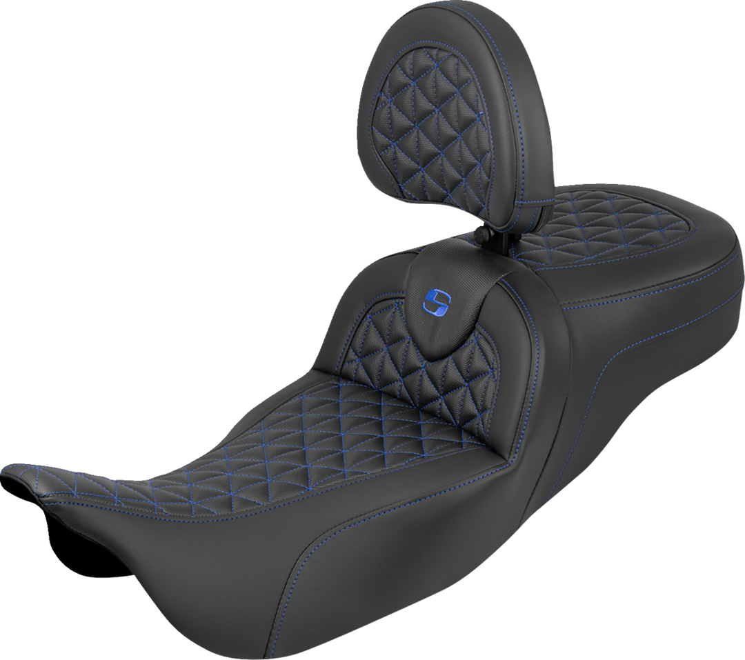 SADDLEMEN RoadSofa™ Tri Gripper Seat - Standard Reach - Blue Stitch - w/ Backrest - FLH/FLT '08-'25 808-07B-211B1