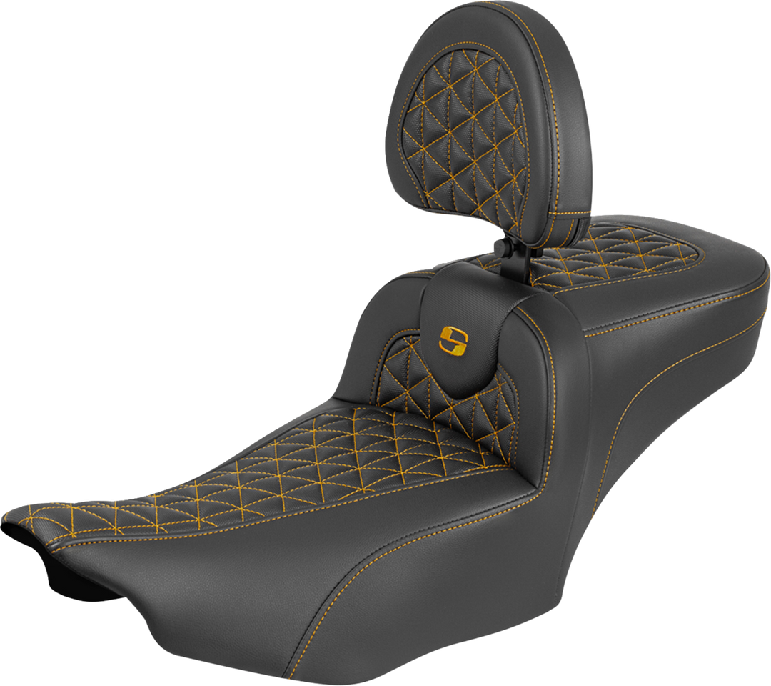 SADDLEMEN Roadsofa™ Extended Reach Seat - with Backrest - Gold Stitch - FLH/FLT '23-'25 823-07-211B7