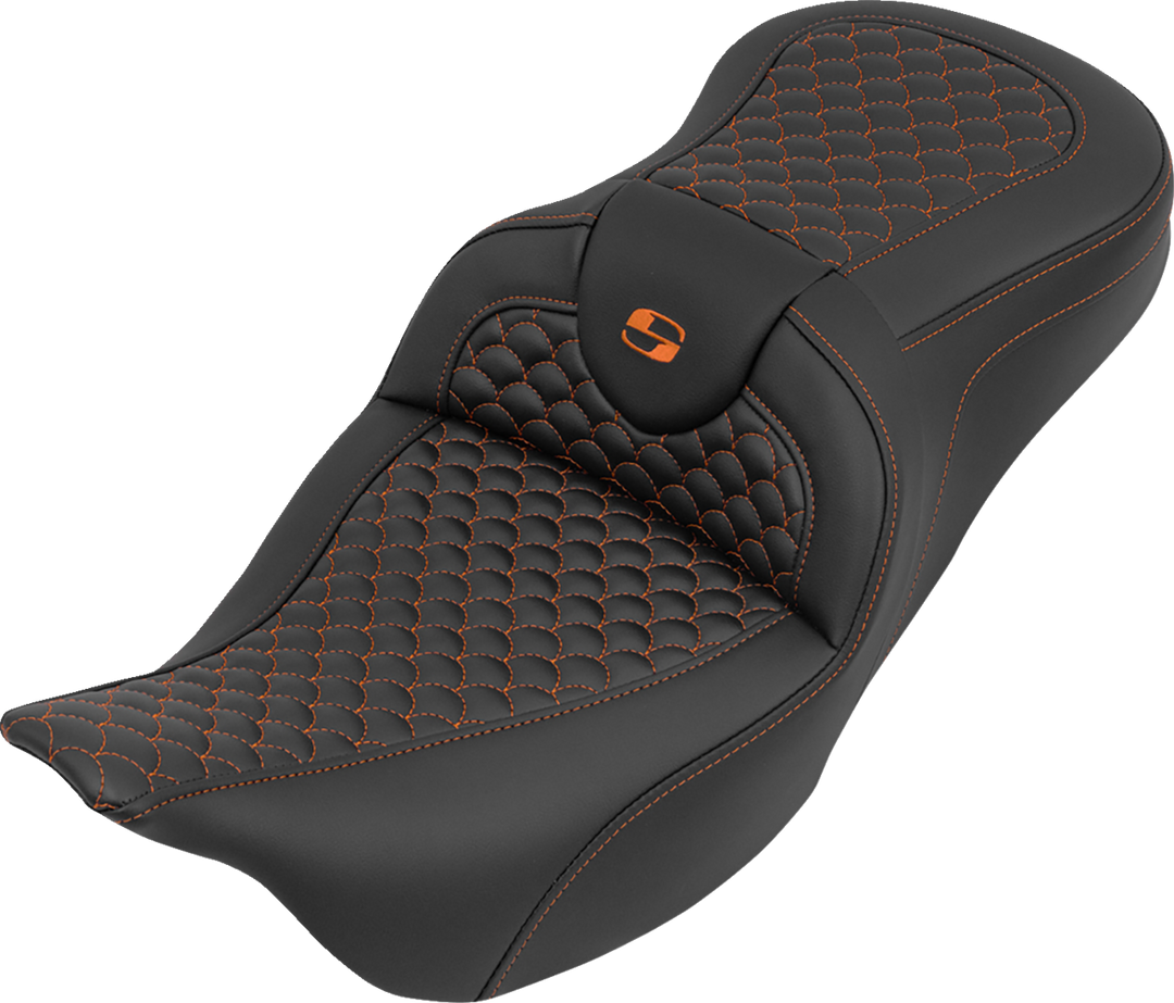 SADDLEMEN Roadsofa™ Seat - without Backrest - Dragon Stitch - Orange Stitch - FLH/FLT '08-'25 808-07B-20803
