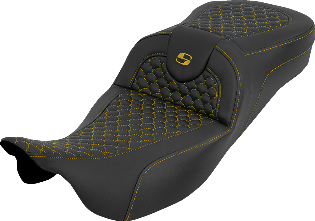 SADDLEMEN Extended Reach RoadSofa™ Seat - Dragon Scale - w/o Backrest - Gold Stitch - FLH/FLT '08-'25 808-07B-20907