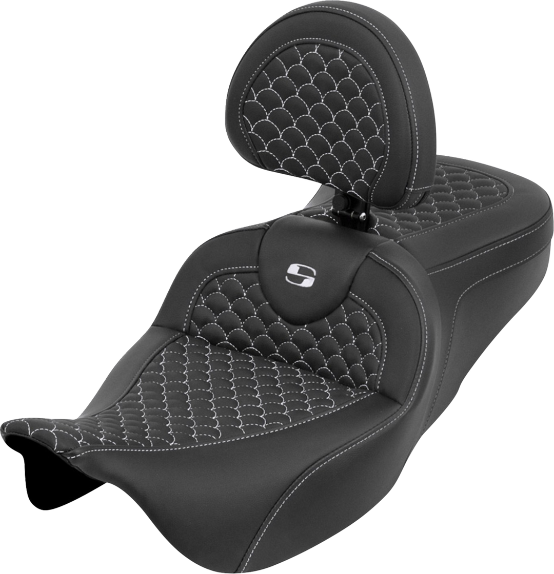 SADDLEMEN Roadsofa™ Seat - Dragon Scale - White Stitch - with Backrest - Touring '08-'25 808-07B-208B6