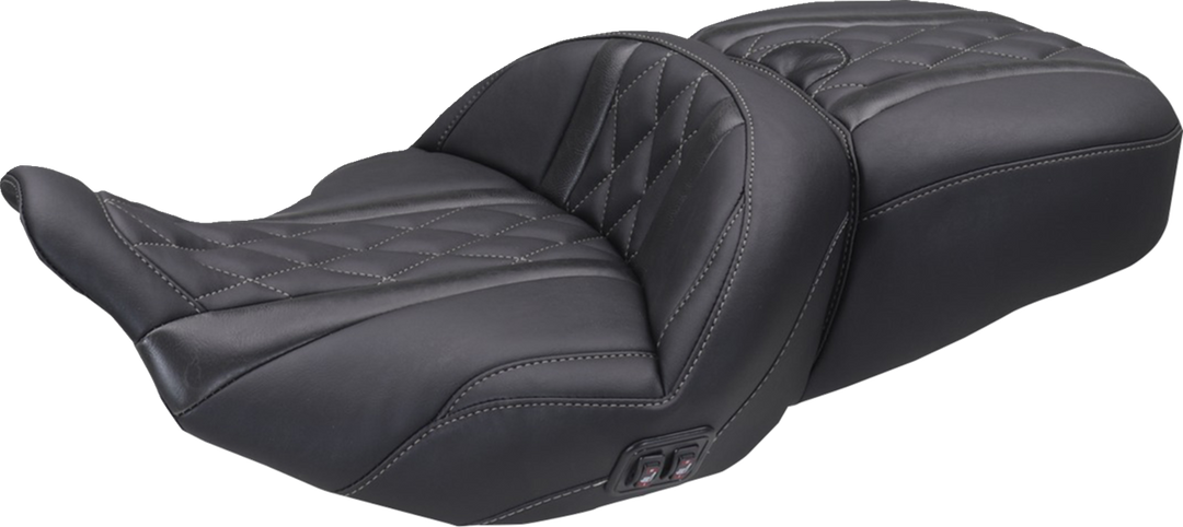 MUSTANG Heated Super Touring One Piece 2-Up Seat - Deluxe Diamond - Gun Metal Stitch - FLT/FLH '23-'26 89410GM