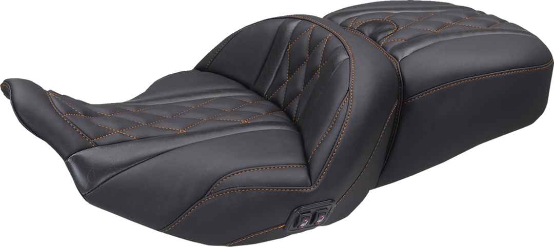 MUSTANG Heated Super Touring One Piece 2-Up Seat - Deluxe Diamond - Mandarin Orange Stitch - FLT/FLH '23-'26 89410MO