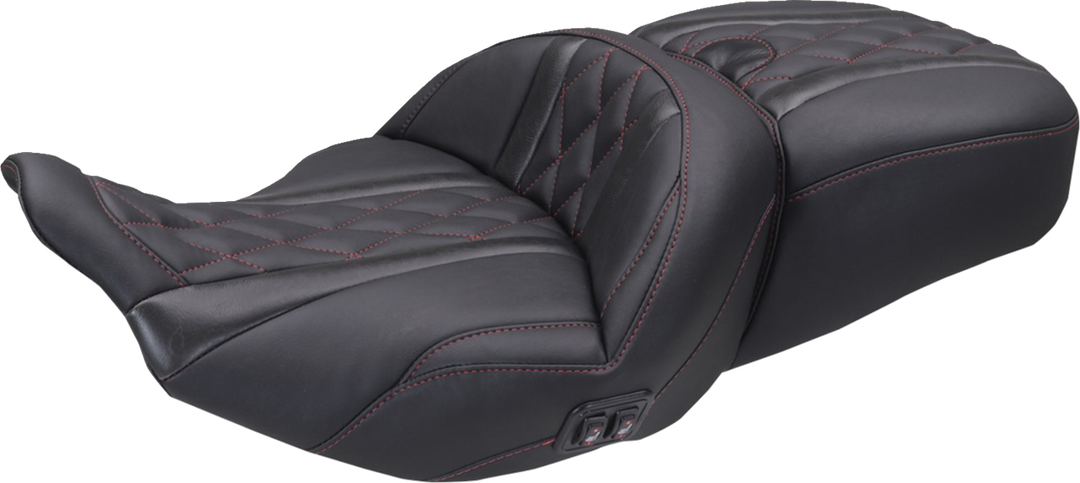 MUSTANG Heated Super Touring One Piece 2-Up Seat - Deluxe Diamond - Dark Cherry Stitch - FLT/FLH '23-'26 89410DC