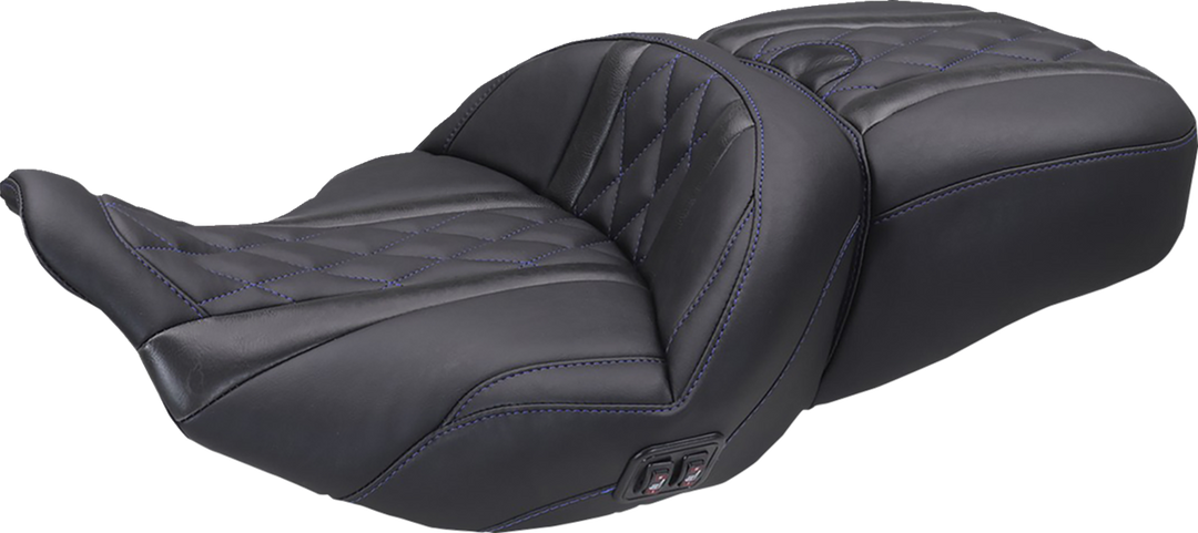 MUSTANG Heated Super Touring One Piece 2-Up Seat - Deluxe Diamond - Sky Blue Stitch - FLT/FLH '23-'26 89410SB