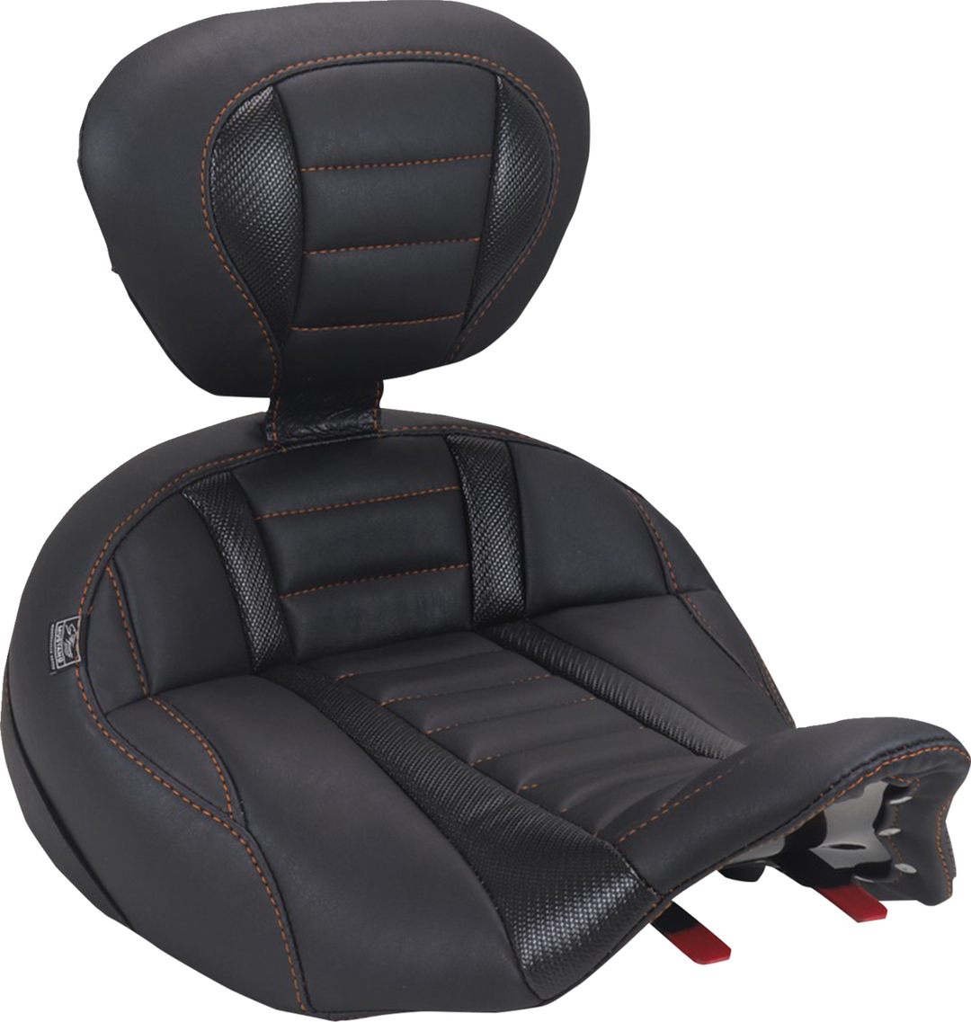 MUSTANG Deluxe Touring Solo Seat - with Driver's Backrest - Mandarin Orange Stitch - FLH/FLT '23-'26 89406MO