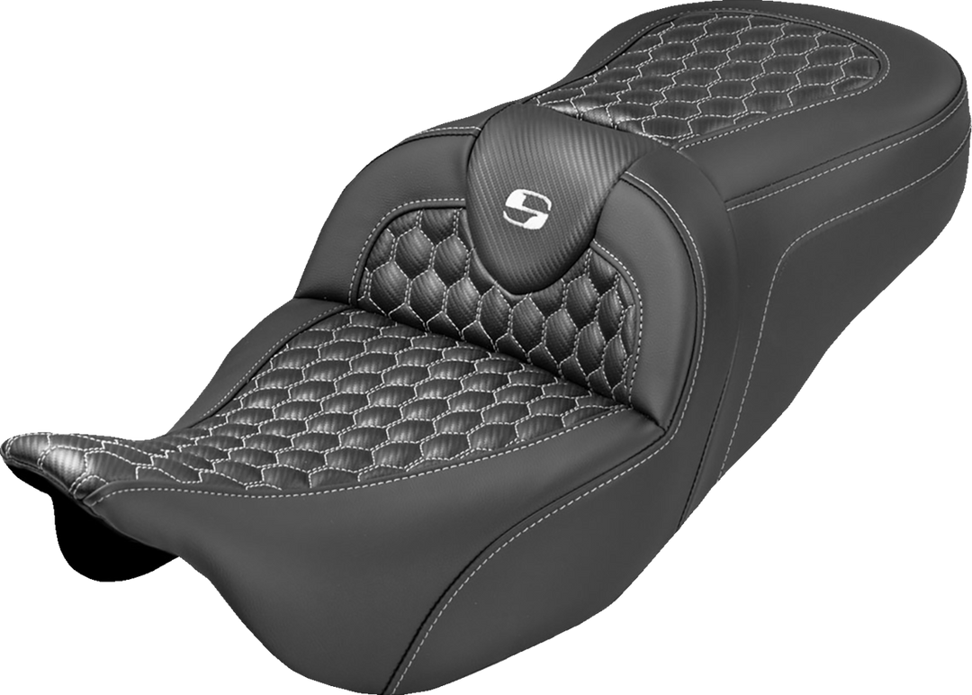 SADDLEMEN Extended Reach RoadSofa™ Seat - Honeycomb - White Stitch - without Backrest - FLH/FLT '08-'25 808-07B-19006